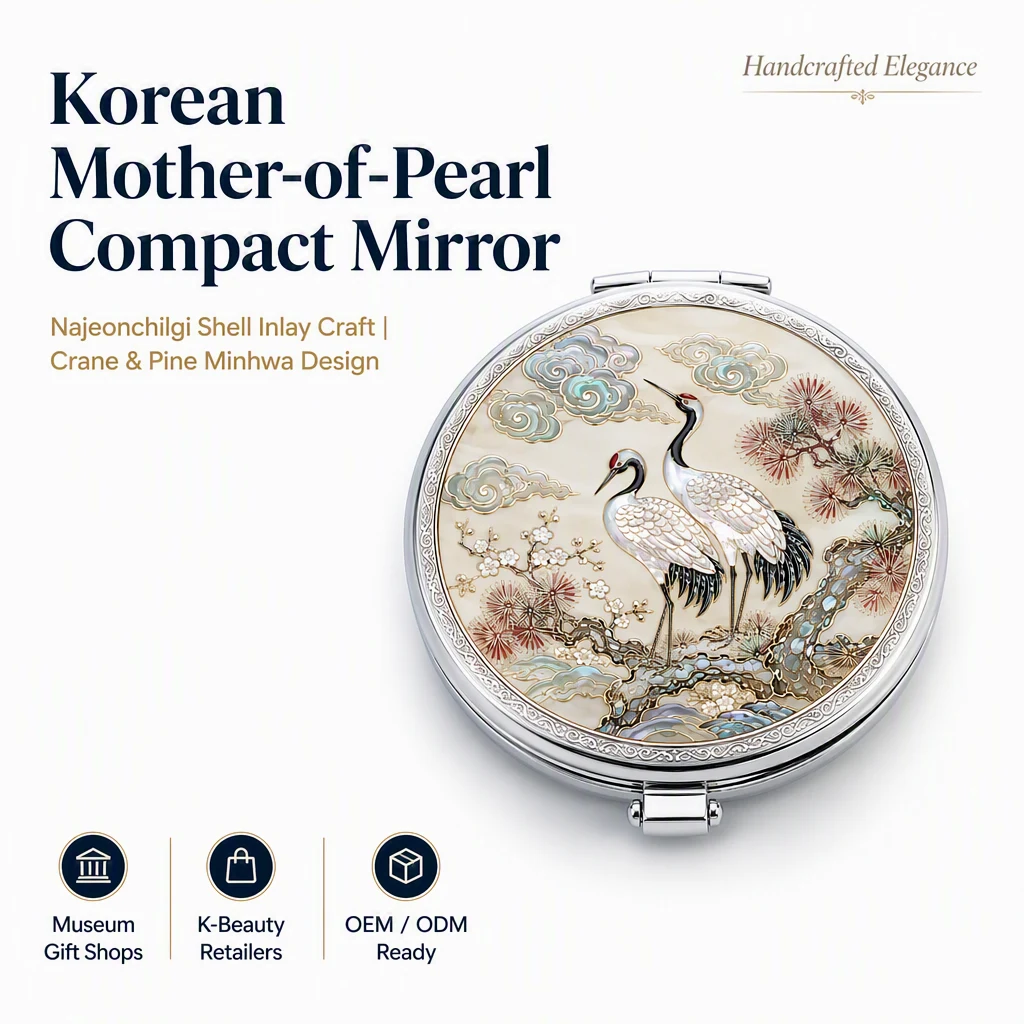 Korean Nacre Mother of Pearl Compact Mirror — Traditional Crane Inlay Pocket Mirror Gift