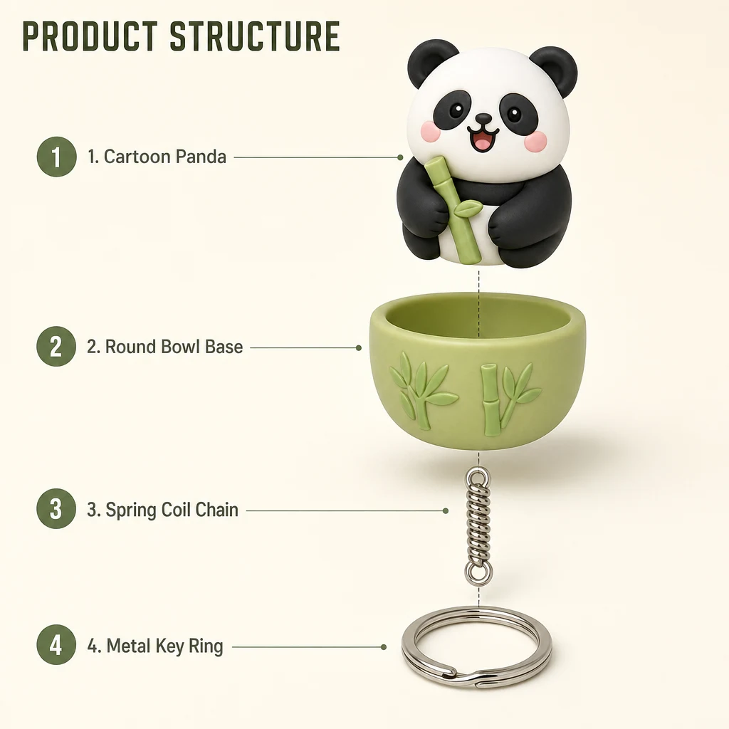 Cute Panda Decompression PVC Keycap Keychain with Bamboo Bowl and Metal Key Ring