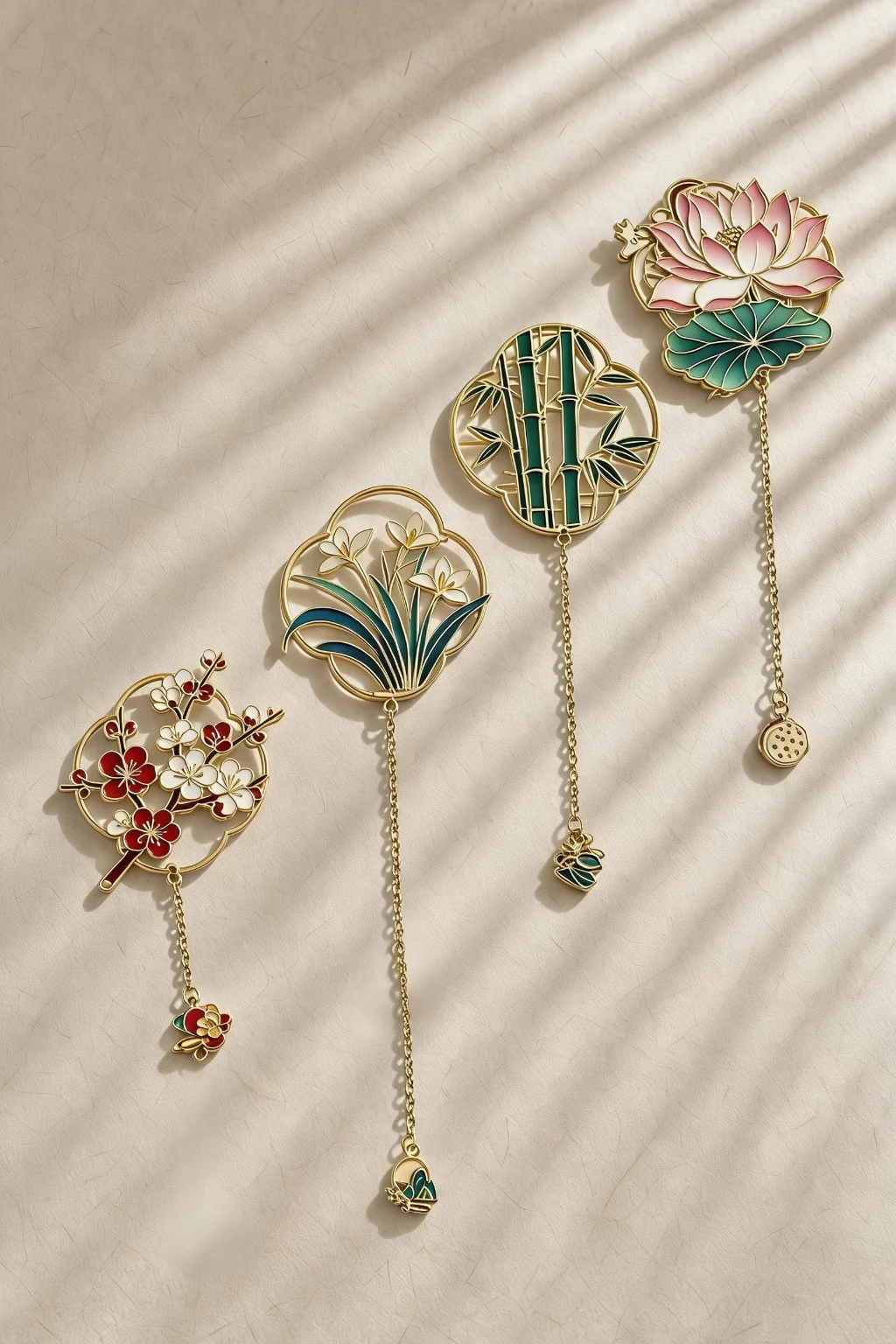Fan-shaped Hollow Brass Enamel Bookmark Chinese Floral Metal Bookmark