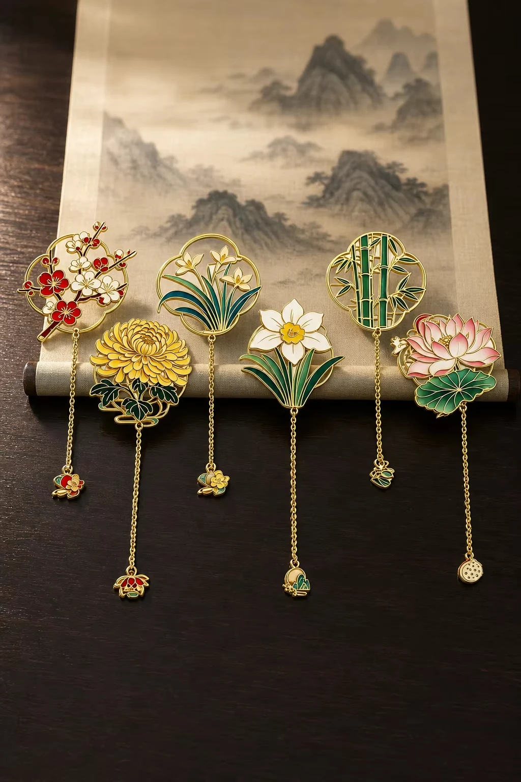 Fan-shaped Hollow Brass Enamel Bookmark Chinese Floral Metal Bookmark