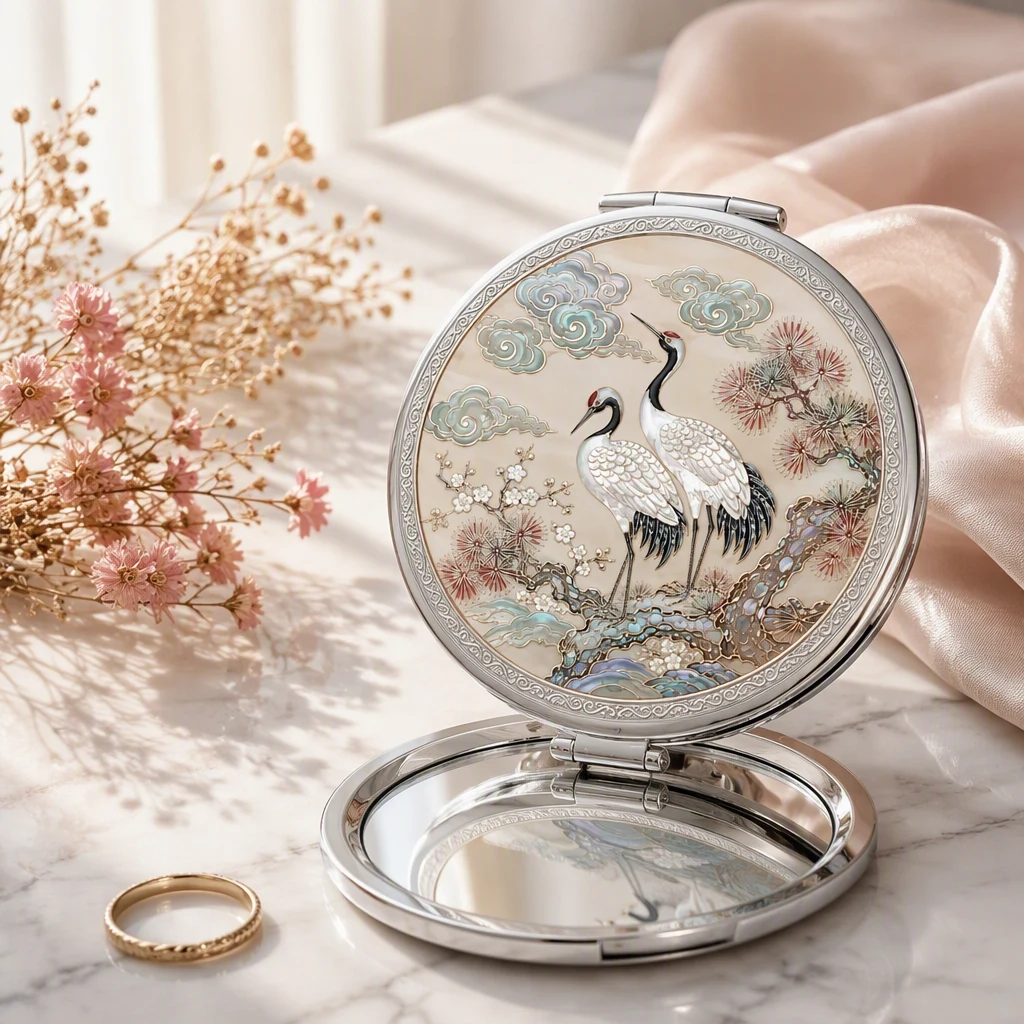 Korean Nacre Mother of Pearl Compact Mirror — Traditional Crane Inlay Pocket Mirror Gift