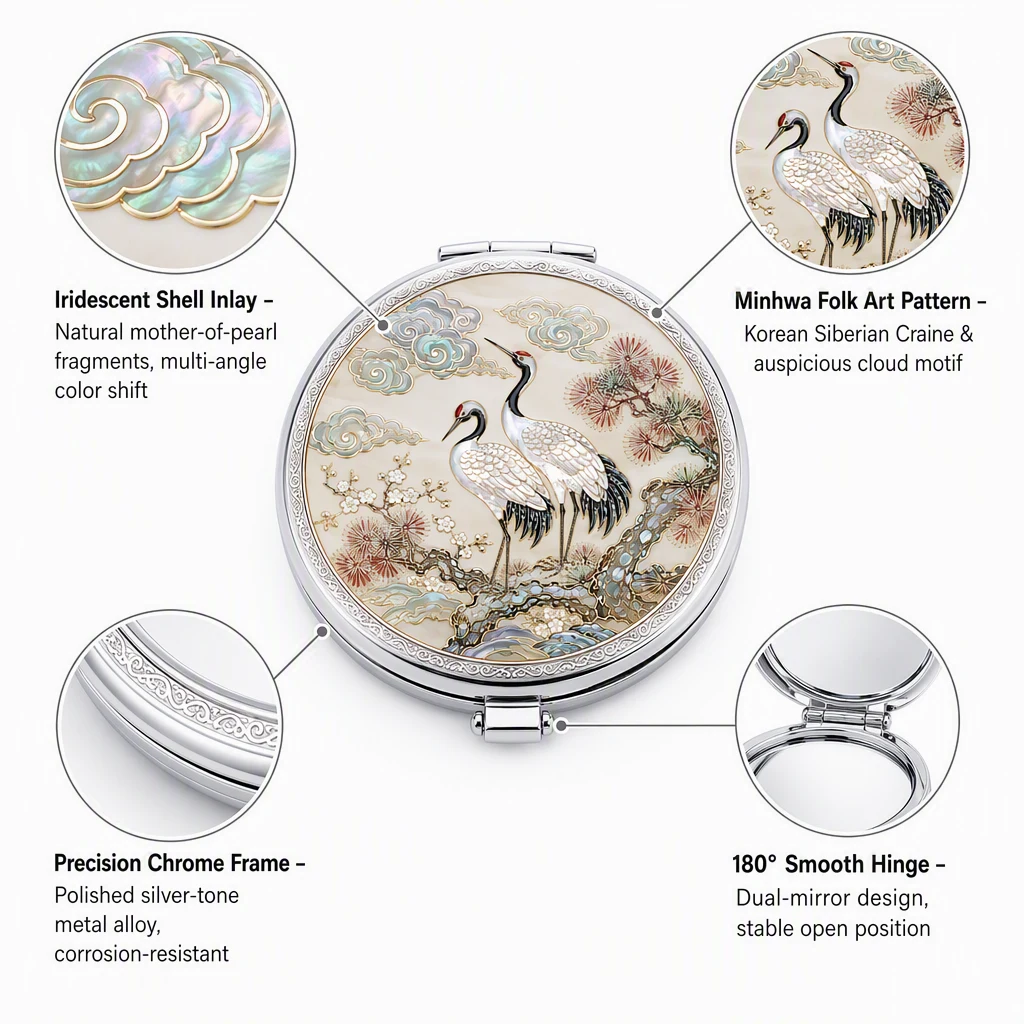 Korean Nacre Mother of Pearl Compact Mirror — Traditional Crane Inlay Pocket Mirror Gift