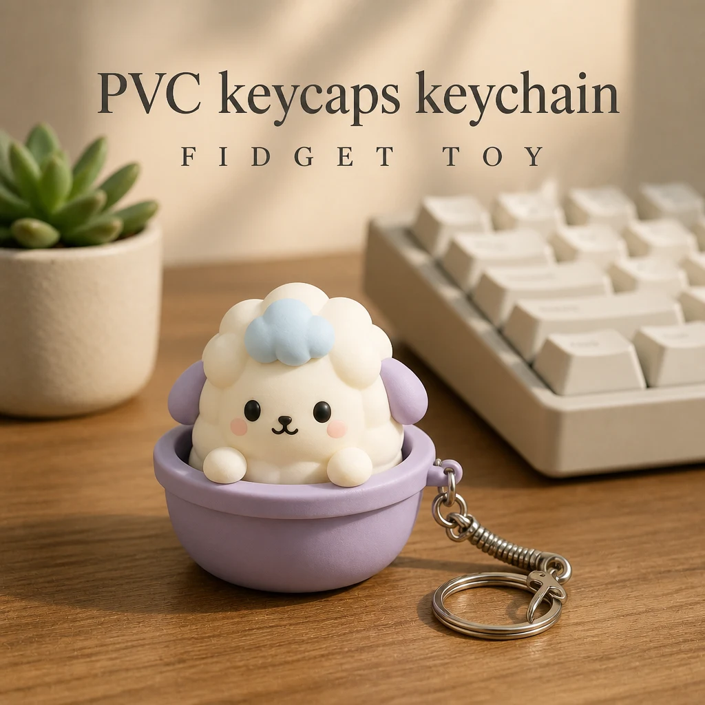 Custom PVC Keycap Stress Relief Cartoon Fidget Toy Bowl Charm Spring Coil Key Ring