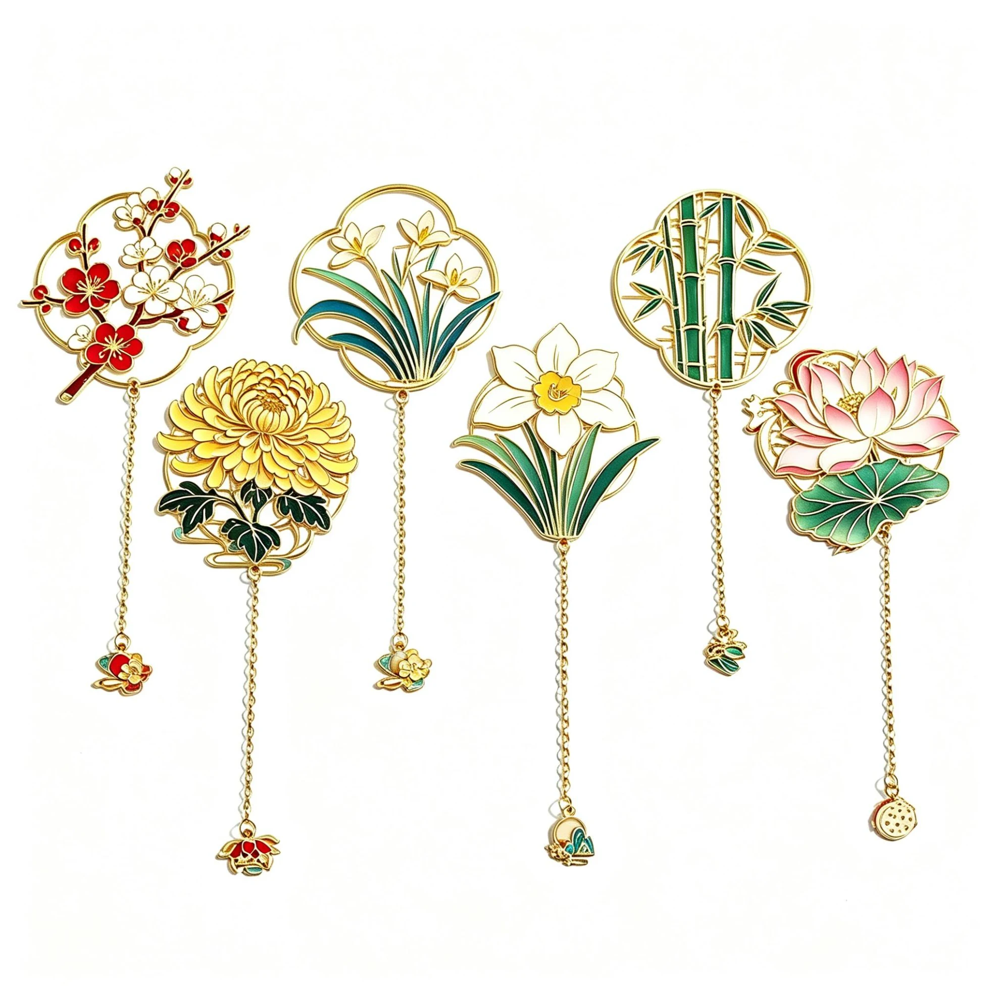 Fan-shaped Hollow Brass Enamel Bookmark Chinese Floral Metal Bookmark