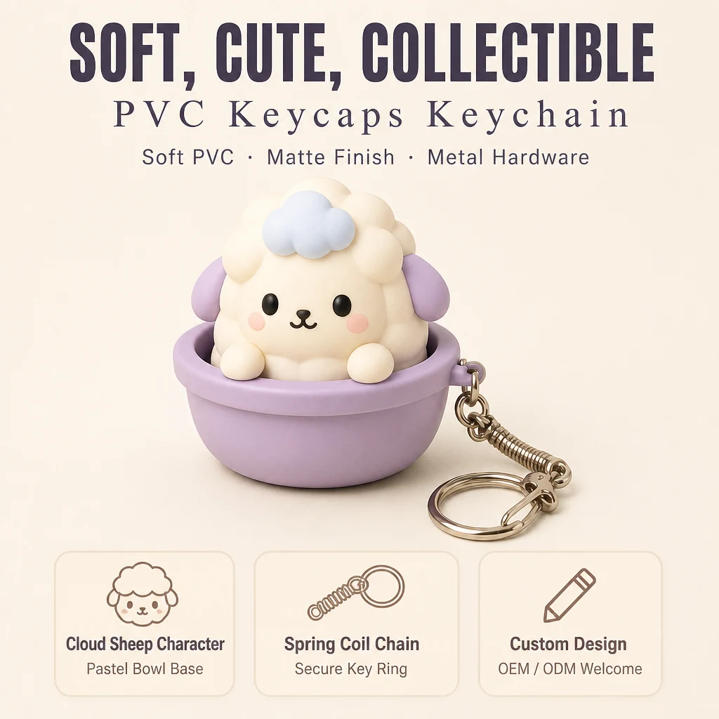 Custom PVC Keycap Stress Relief Cartoon Fidget Toy Bowl Charm Spring Coil Key Ring