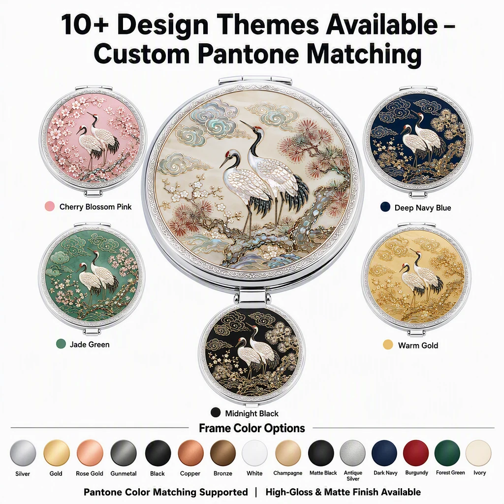 Korean Nacre Mother of Pearl Compact Mirror — Traditional Crane Inlay Pocket Mirror Gift