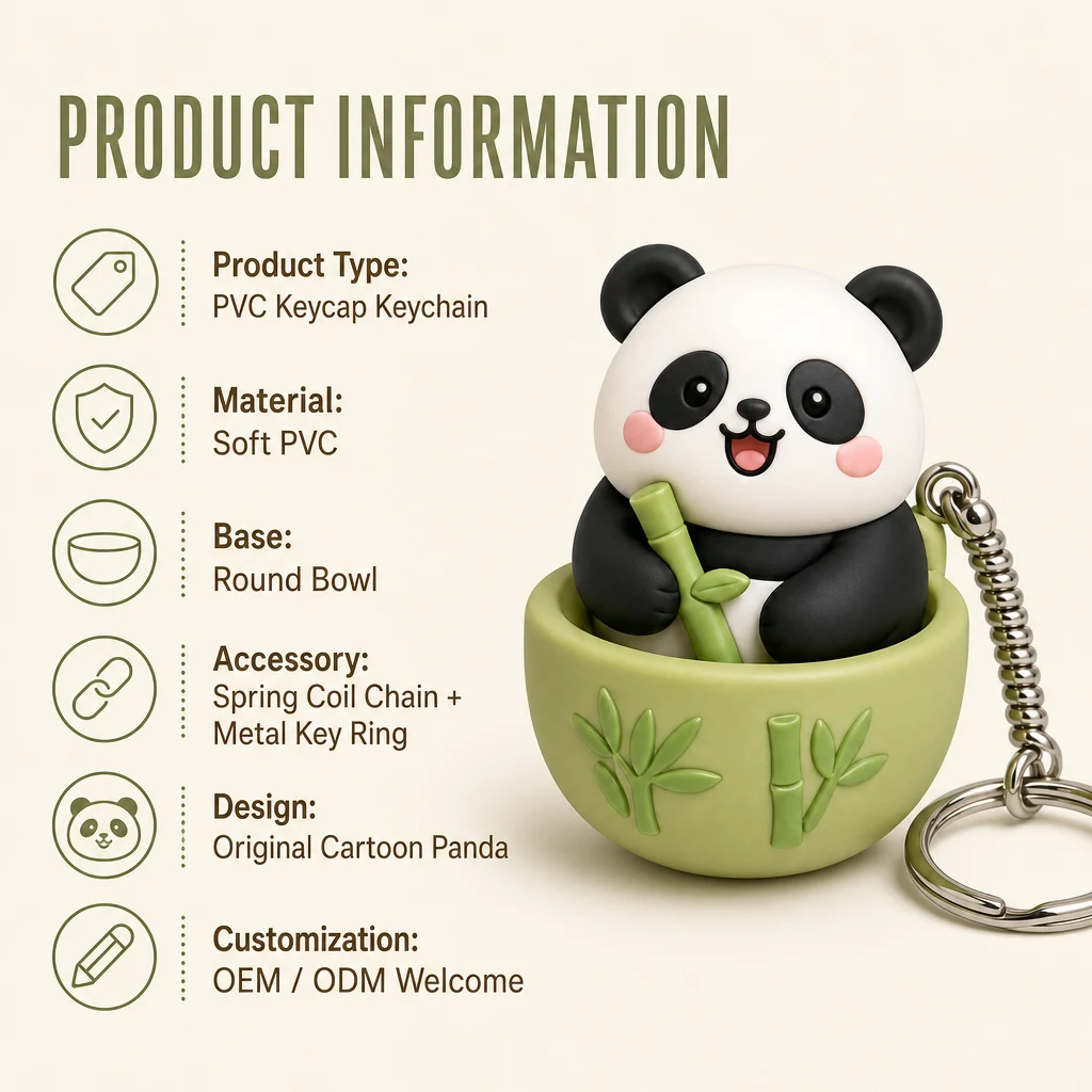 Cute Panda Decompression PVC Keycap Keychain with Bamboo Bowl and Metal Key Ring