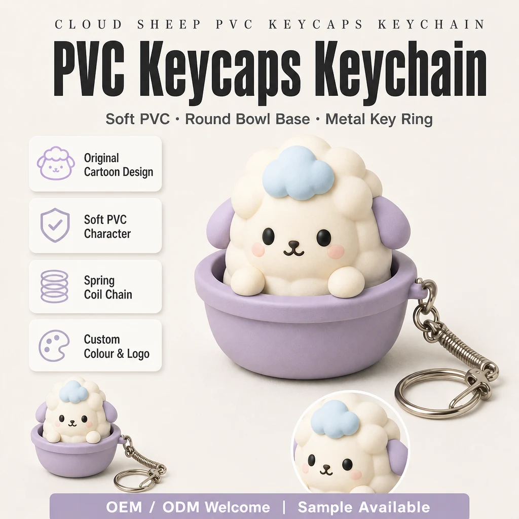 Custom PVC Keycap Stress Relief Cartoon Fidget Toy Bowl Charm Spring Coil Key Ring