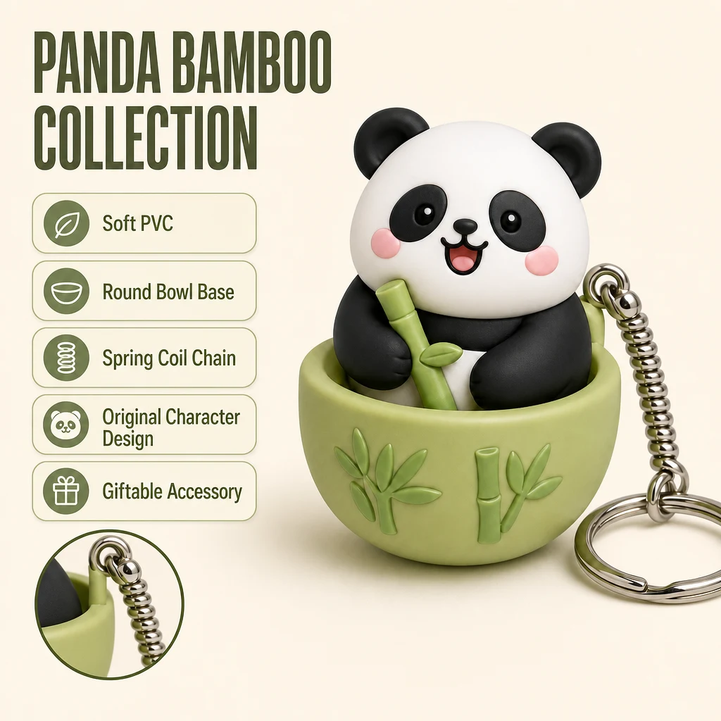Cute Panda Decompression PVC Keycap Keychain with Bamboo Bowl and Metal Key Ring