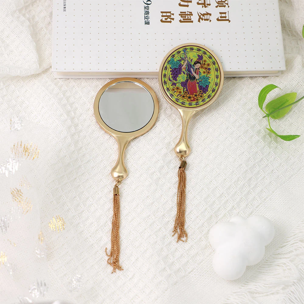 Custom Design Oval Vintage Handheld Tassel Makeup Mini Pocket Mirror