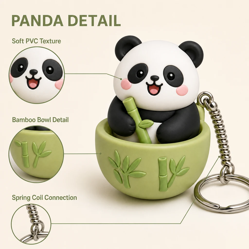 Cute Panda Decompression PVC Keycap Keychain with Bamboo Bowl and Metal Key Ring