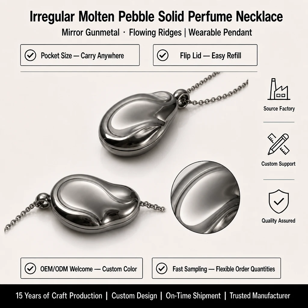 Irregular Pebble Solid Perfume Necklace Zinc Alloy Custom Logo Mirror Gunmetal Small Balm Box OEM ODM