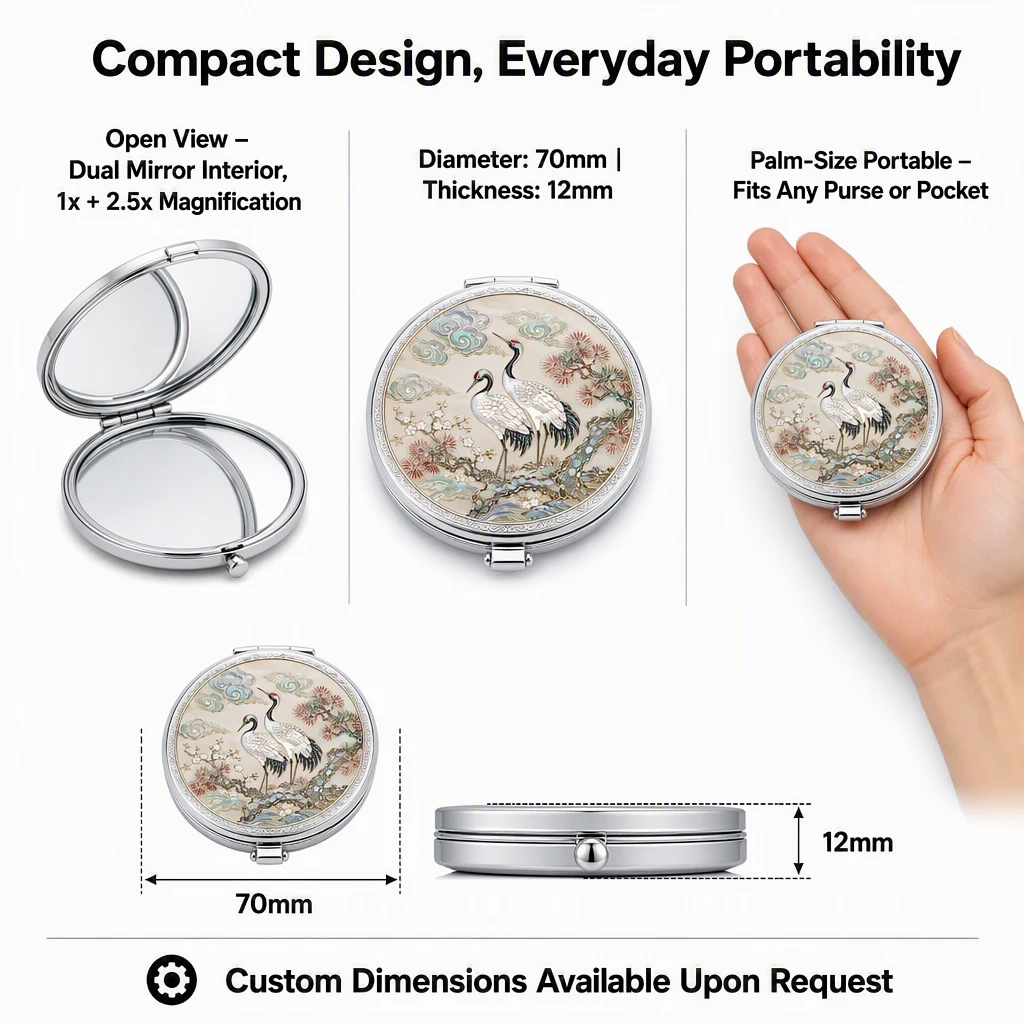 Korean Nacre Mother of Pearl Compact Mirror — Traditional Crane Inlay Pocket Mirror Gift