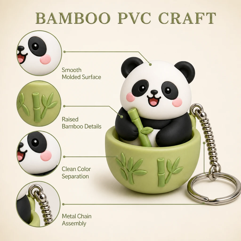 Cute Panda Decompression PVC Keycap Keychain with Bamboo Bowl and Metal Key Ring