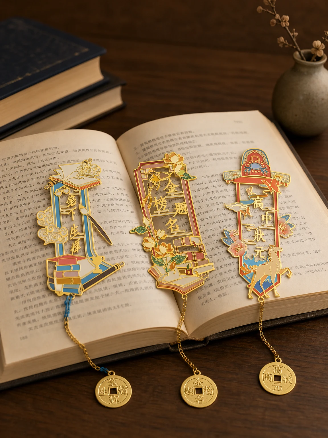 Custom Chinese Style Hollow Metal Bookmark with Imitation Hard Enamel and Chain Pendant