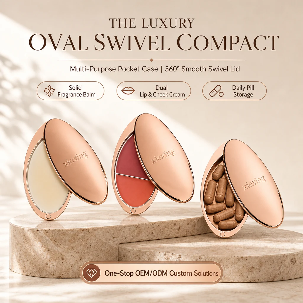 Oval 360° Swivel Compact Metal Case Multi Use Container Solid Fragrance Balm Lip Cheek Custom Logo