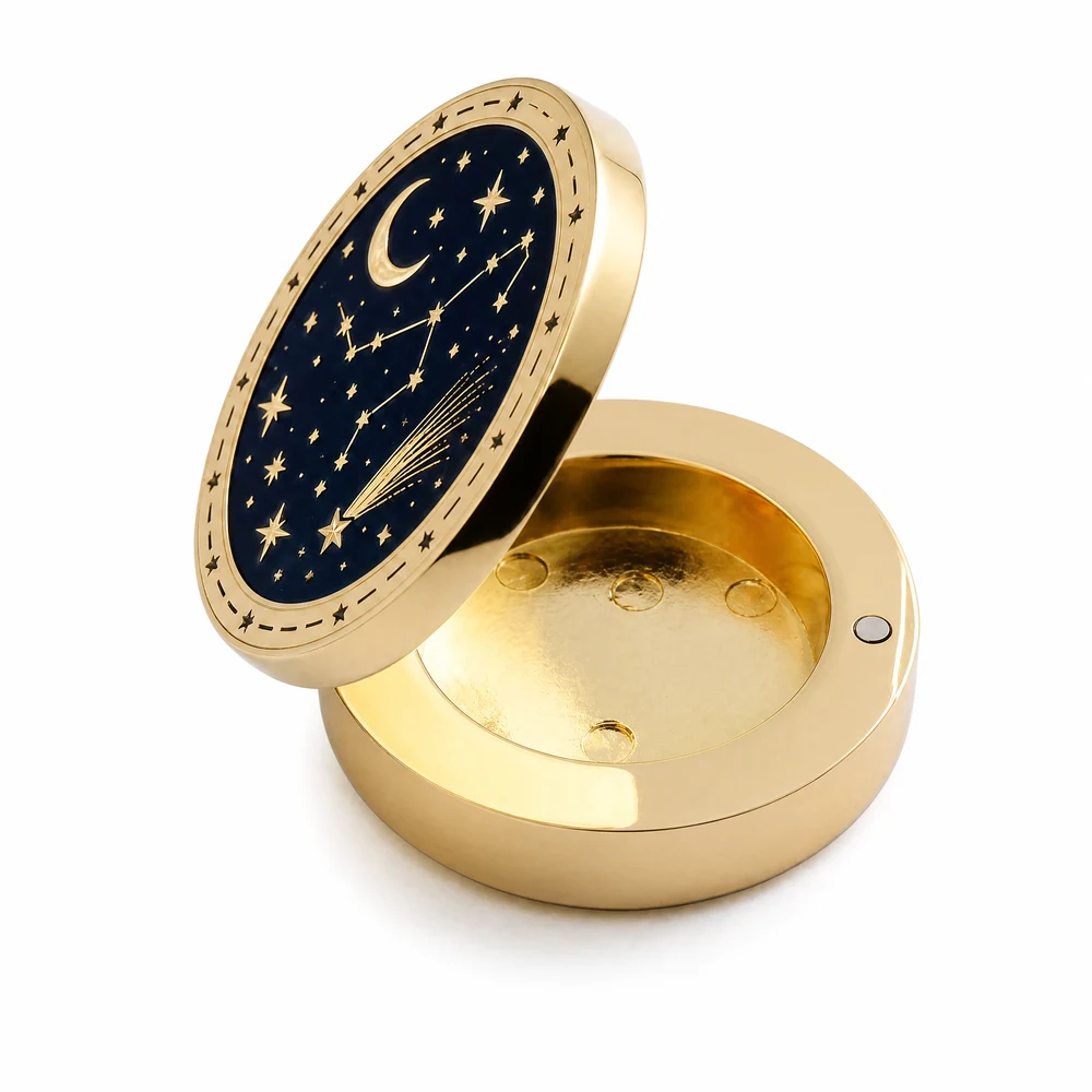 Custom Enamel Solid Perfume Balm Metal Box, Starry Sky Magnetic Round Cosmetic Container