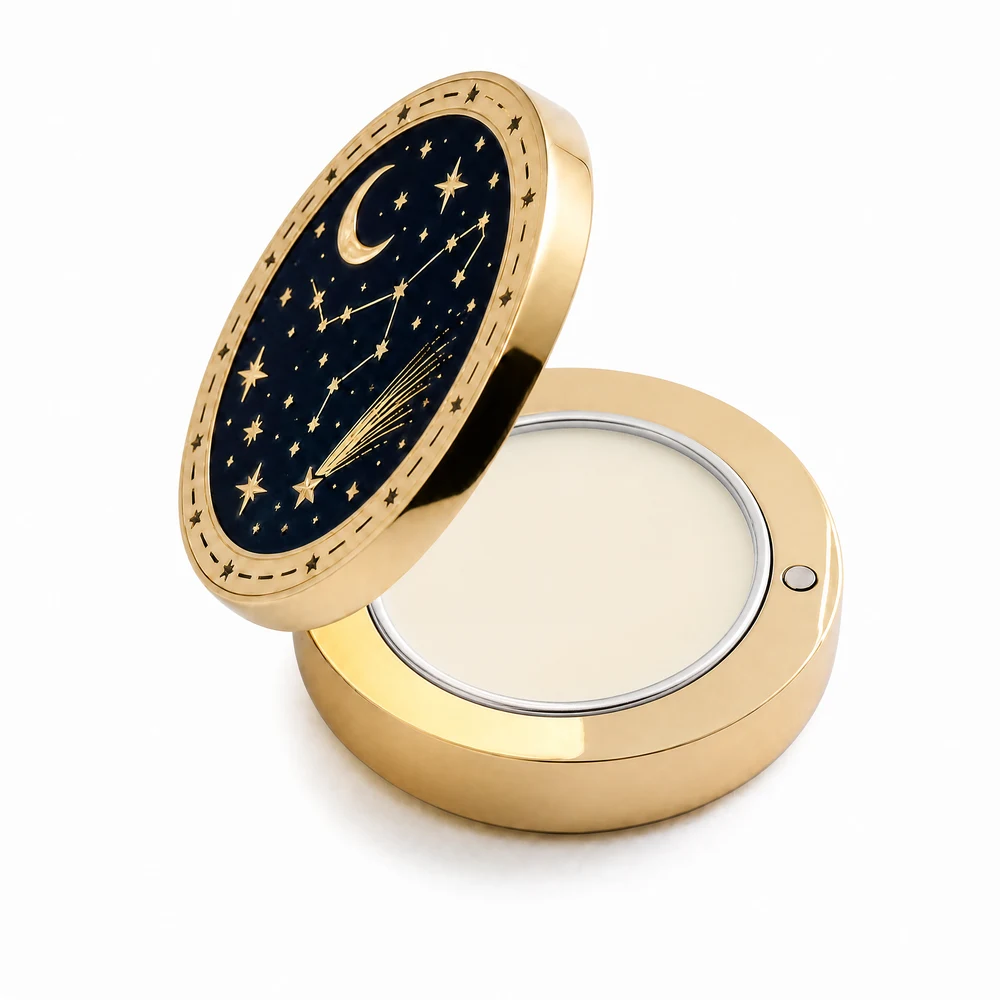 Custom Enamel Solid Perfume Balm Metal Box, Starry Sky Magnetic Round Cosmetic Container